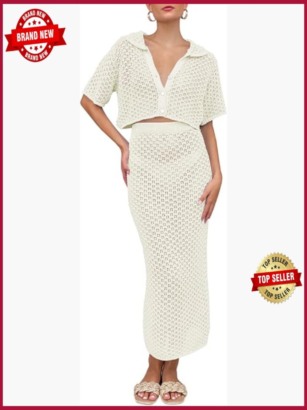 Knit Crochet Beach Cover Up Set Crop Top Bodycon Skirt 2 Piece Outfits